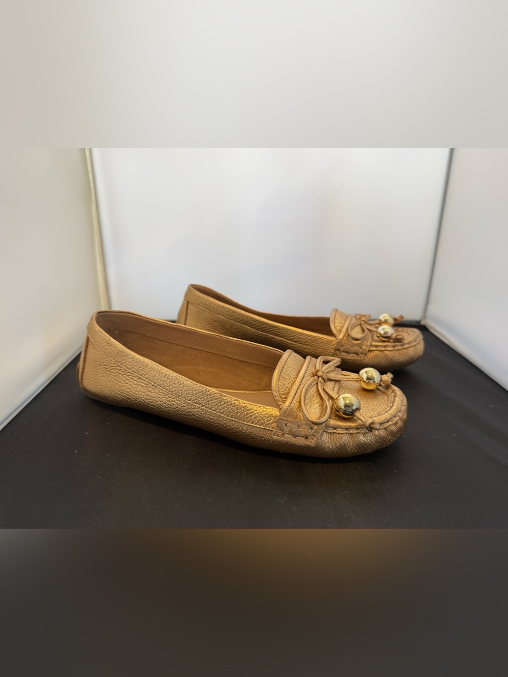kate spade Metallic Gold Leather Moccasin Flats with Bow and Bead Detail